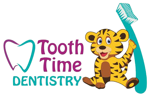 A cartoon of a tiger with the words tooth time dentistry.